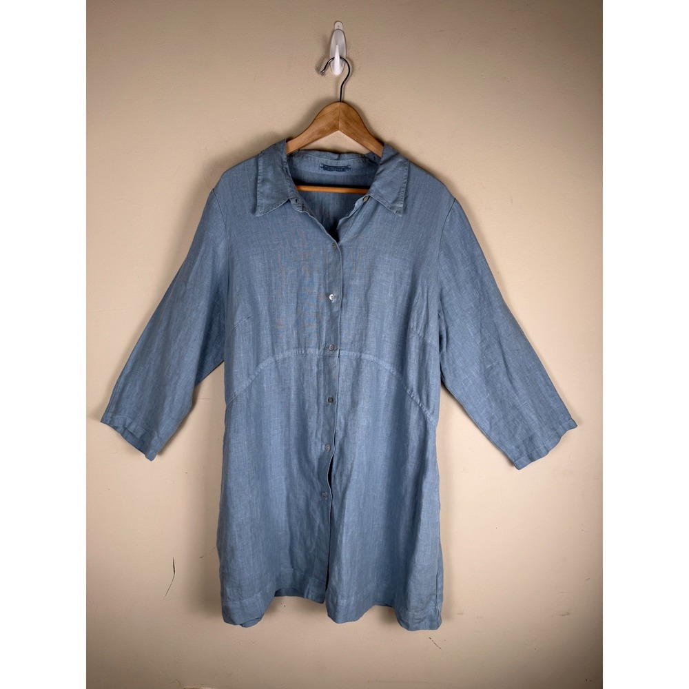 Cut Loose Women's Blue 100% Linen Shirt Dress/Tunic Top Pockets Button Up Size L